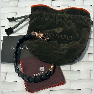 John Hardy Dragon Head Brass and Woven Leather Bracelet with Champagne Diamonds